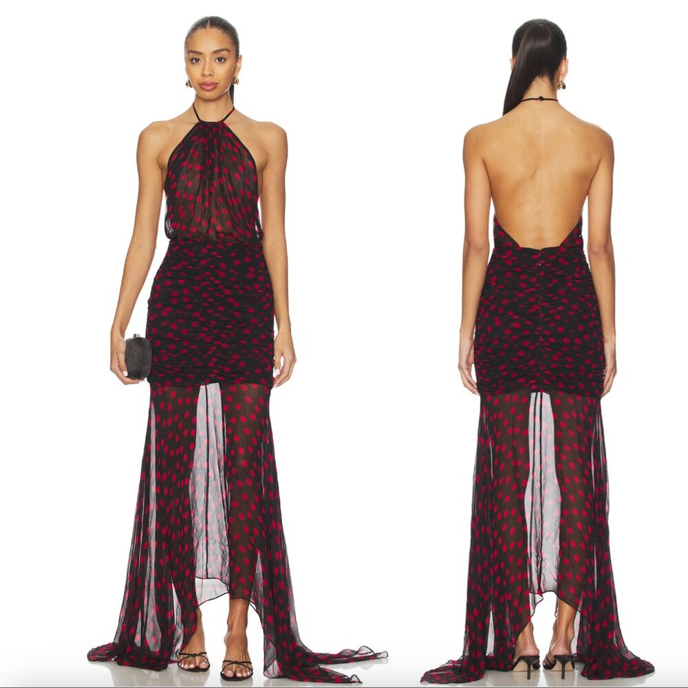 NEW Ronny Kobo Tilda Maxi Dress in Black Red Polkadot Halter Backless Dot Gown